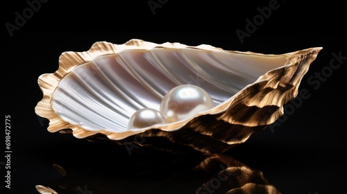  a close up of a shell with a pearl in it on a black surface with a reflection of the shell.