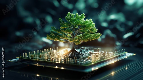 Green natural eco-friendly tree and computer technology on an abstract high-tech futuristic background of microchips and computer circuit boards with transistors 