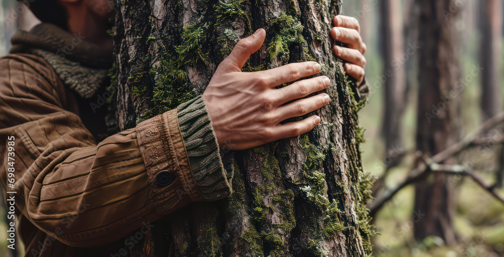 Embrace of Nature. A person in a brown jacket hugging a moss-covered tree trunk in the forest, symbolizing a connection with nature - obrazy, fototapety, plakaty 