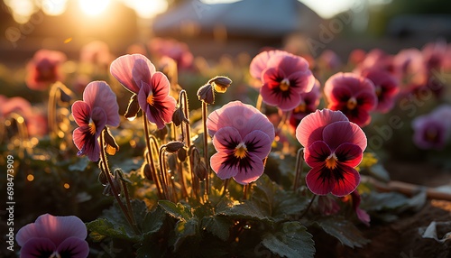 purple and yellow. Pansy flower growing in the sunset. Pansy flower in sunrise. Pansy flower during winter. Colourful poppy flower sprouting during winter time. Pink pansy flower. viola flower. nature photo