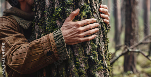 Embrace of Nature. A person in a brown jacket hugging a moss-covered tree trunk in the forest, symbolizing a connection with nature #698473985