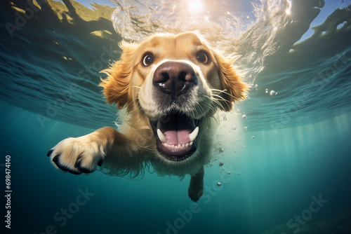 Underwater photo of puppy in outdoor swimming pool play with fun - jumping and diving deep down. Activities and games with family pets and popular dog on summer holiday. © boyhey