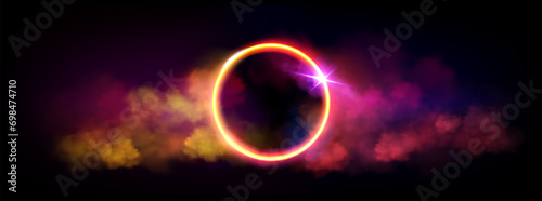Neon luminous ring frame with pink and orange gradient cloud or smoke and sparkle. Realistic vector led light circle with glowing fog on dark background. Magic futuristic surreal game portal with haze