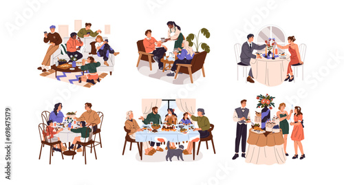 People eating at the festive table set. Family have dinner together. Friends have lunch for pizza. Couple on date in restaurant. Women drink coffee in cafe. Flat isolated vector illustration on white