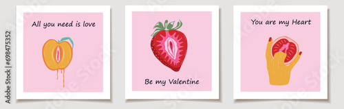 Set of Valentine's day cards Fruit strawberry with outlines female labia. Love, Valentine's Day