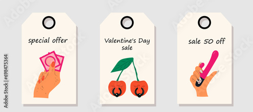 Vector set of discount price tags. Labels with sex toys. Set of adult toys. Accessories for sex. Valentine's day sale.