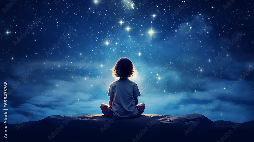 baby girl view from the back, sitting against the background of the night starry sky, dream, fantasy imagination bedtime story for daughter - obrazy, fototapety, plakaty 