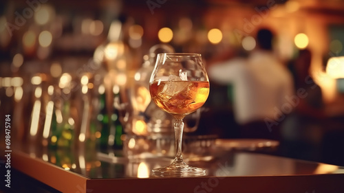 cocktails on the bar counter against the background of a restaurant and a nightclub