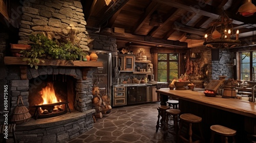 A cozy cabin-style kitchen with a stone fireplace, wooden beams, and copper cookware.