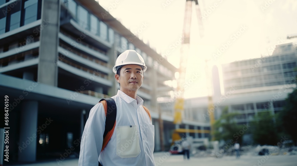 Portrait of Asian engineer or architect on construction site with building background Portrait of Asian engineer or architect on construction site with building background