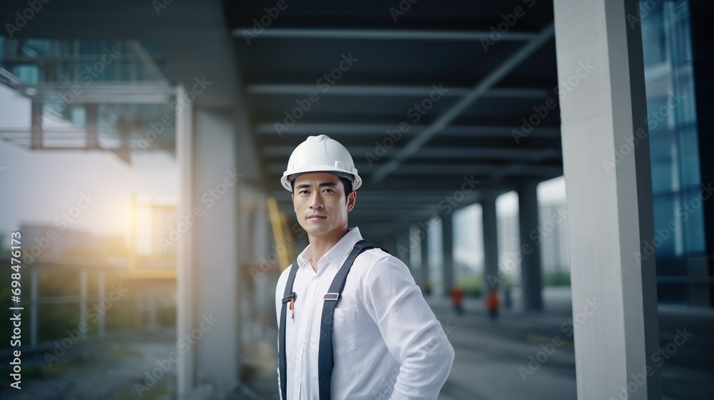 Portrait of Asian engineer or architect on construction site with building background