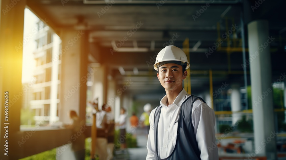 Portrait of Asian engineer or architect on construction site with building background Portrait of Asian engineer or architect on construction site with building background