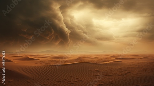  a cloudy sky over a desert landscape with footprints in the sand and a sunbeam in the middle of the sky. © Olga
