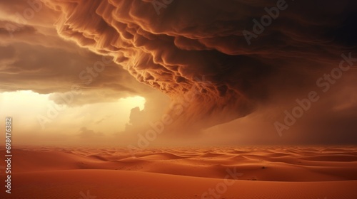  a large storm moving across a desert with a sky filled with dark clouds and a lone horse in the foreground.