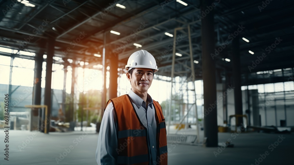 Portrait of Asian engineer or architect on construction site with building background Portrait of Asian engineer or architect on construction site with building background
