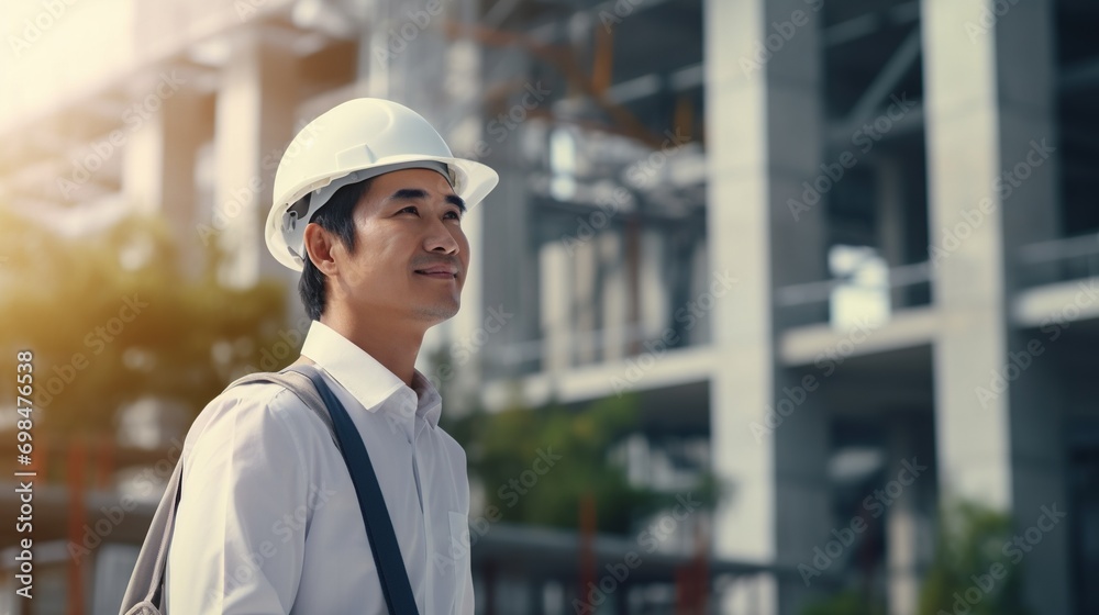 Portrait of Asian engineer or architect on construction site with building background