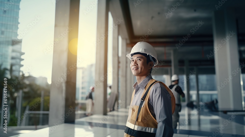 Portrait of Asian engineer or architect on construction site with building background Portrait of Asian engineer or architect on construction site with building background