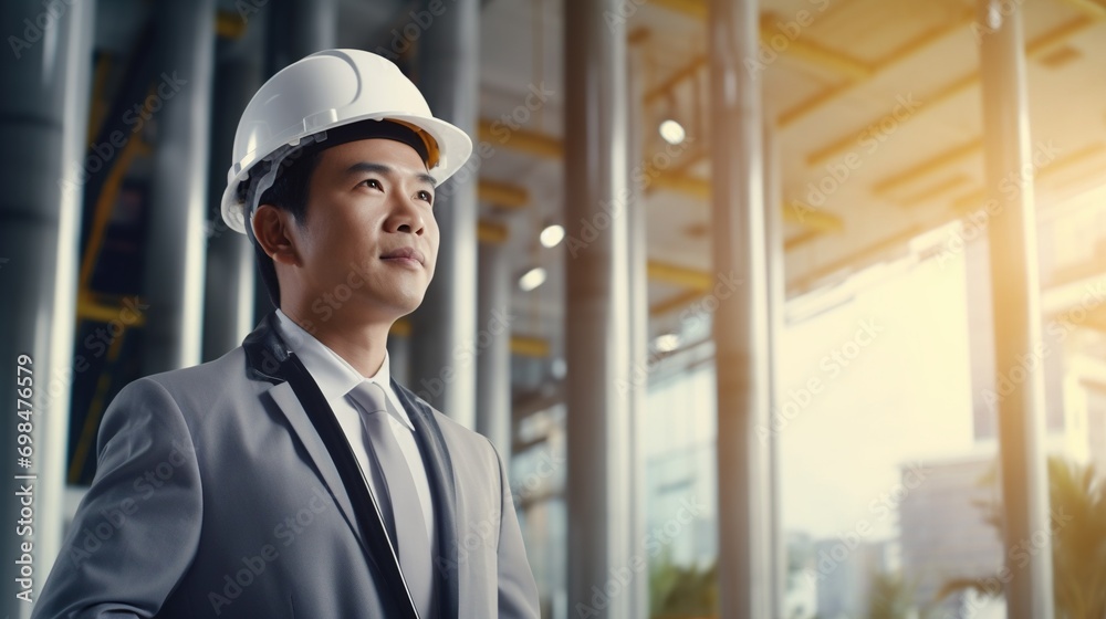 Portrait of Asian engineer or architect on construction site with building background Portrait of Asian engineer or architect on construction site with building background