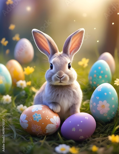 Adorable bunny with Easter eggs on a flowering meadow. Easter egg concept greeting card,