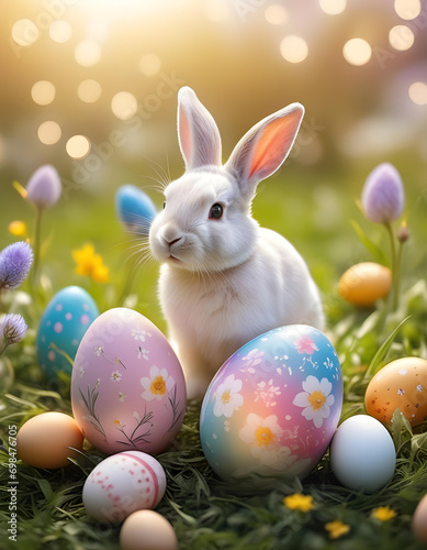 Adorable bunny with Easter eggs on a flowering meadow. Easter egg concept greeting card,