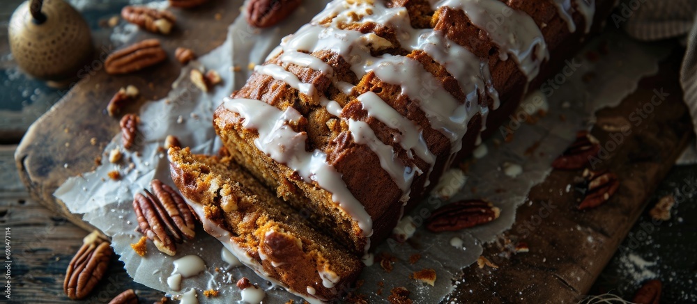 Decorating pumpkin bread with white glaze and chopped pecans using a flat lay technique.