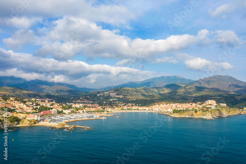 The medieval town by the sea in Europe, France, Occitanie, Pyrenees Orientales, Banyuls-sur-Mer, By the Mediterranean Sea, in summer, on a sunny day. © Florent