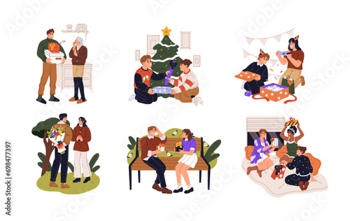 Family, friends, couples exchange gifts set. People gives presents on Mother's day, Christmas. Child opens birthday box. Young man with flowers for surprise. Flat isolated vector illustration on white