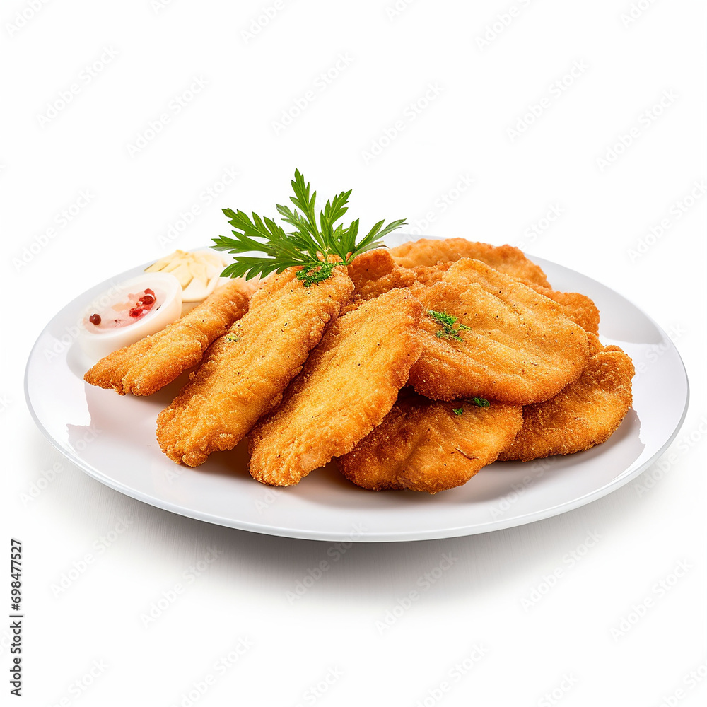 Crispy chicken strips on white background generated.AI Crispy chicken strips on white background generated.AI