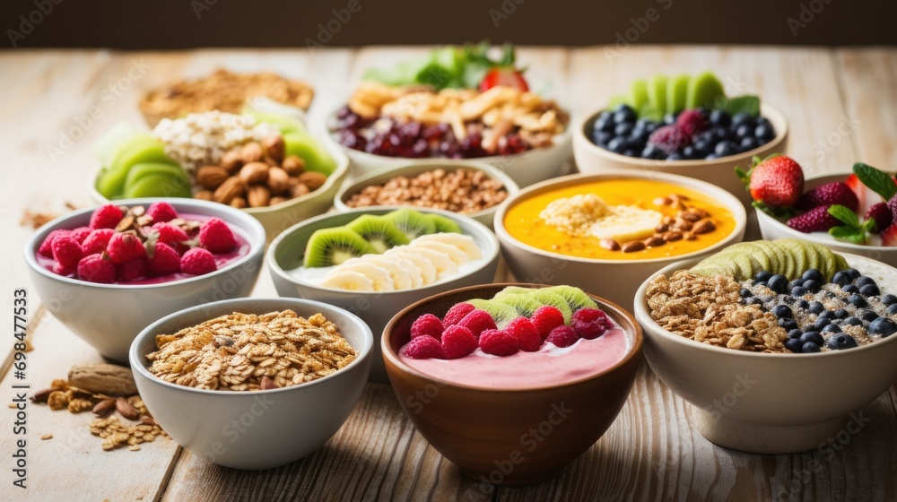 a table topped with bowls filled with different types of fruits and granola next to a bowl of granola on top of a wooden table. a table topped with bowls filled with different types of fruits and granola next to a bowl of granola on top of a wooden table.