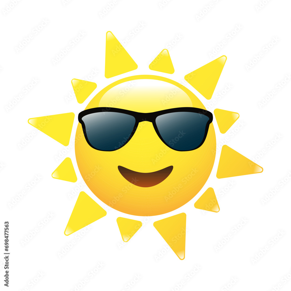 Smiling sun in sunglasses, hot summer weather, vacation time, weather icon.