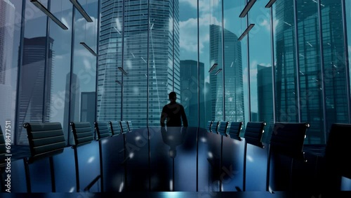 Next Level. Businessman Working in Office among Skyscrapers. Hologram Concept photo
