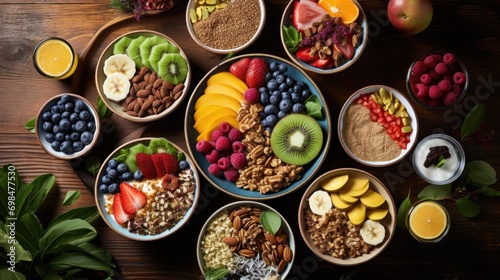  a table topped with bowls filled with different types of fruits and cereals next to oranges, kiwis, bananas, strawberries, strawberries, and more.