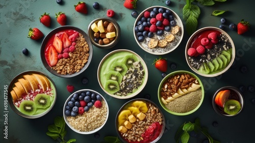  a group of bowls filled with different types of fruits and cereals on top of a green surface with leaves.