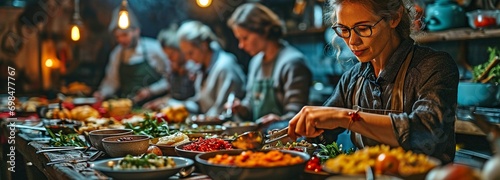 Diners at a beautifully decorated Thanksgiving table stuffed with delectable foods.