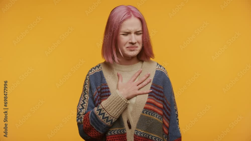 Young Woman Feeling Unwell on Yellow Background Young Woman Feeling Unwell on Yellow Background
