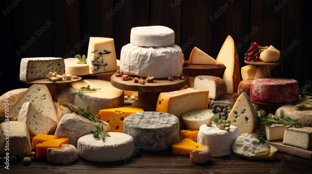 Assortment of cheeses of different variety colors
