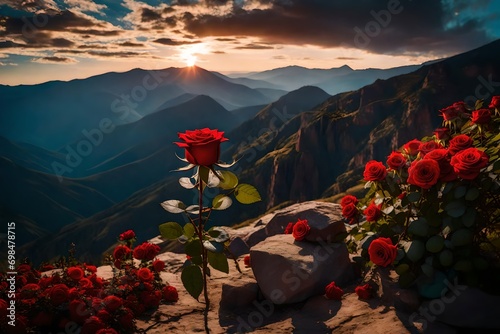landscape with red rose flowers