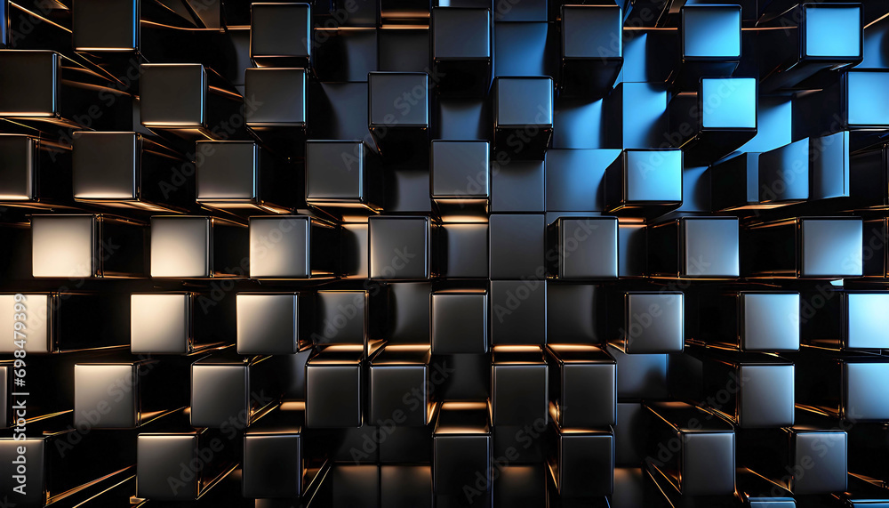 Fototapeta premium Abstract dark background with black geometric shapes, golden reflections on black cubic shapes,