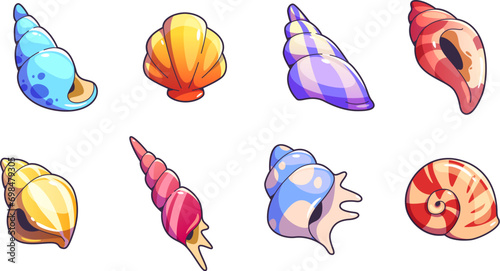 Sea shell and vessels game assets set. Cartoon vector illustration collection of cute marine underwater seashell for rpg gui design. Colorful nautical or aquarium horned, spiral and scallop conch.