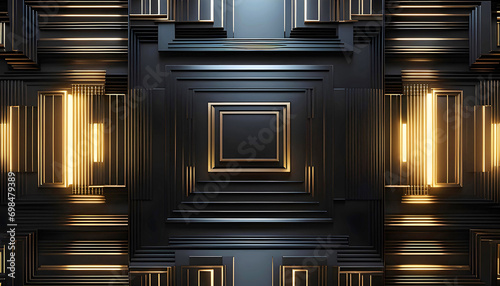 Abstract dark background with black geometric shapes, golden reflections on black cubic shapes,