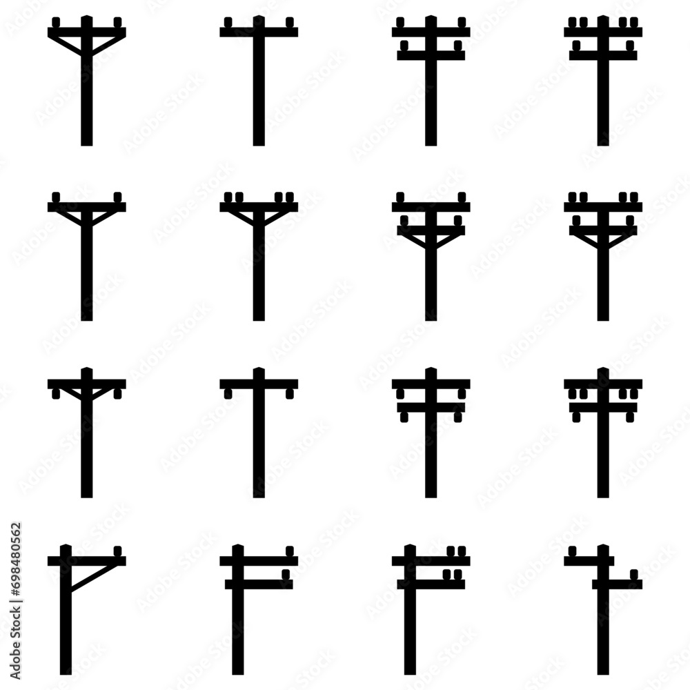 Set black high voltage power electric pole transmit electricity silhouette icon flat vector design