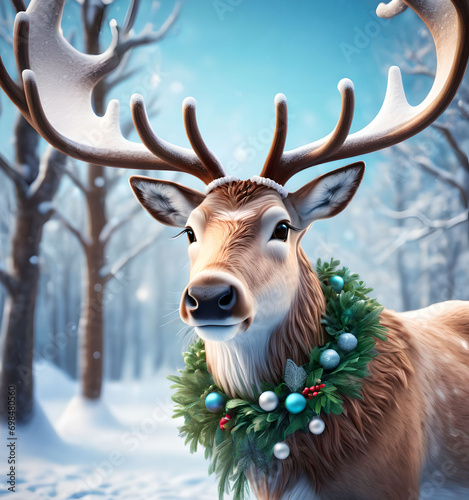 A Reindeer with a wreath around its neck