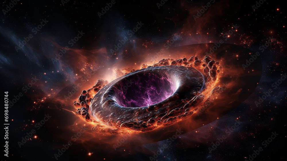 Obraz premium black hole, illustration of a multicolored singularity in outer space abstract fictional bright cosmic background