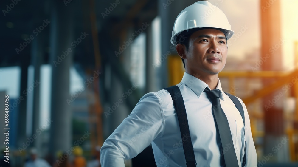 Portrait of Asian engineer or architect on construction site with building background Portrait of Asian engineer or architect on construction site with building background