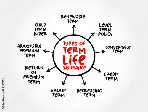 Different Types of Term Life Insurance (covers you for a set period or term) mind map text concept background