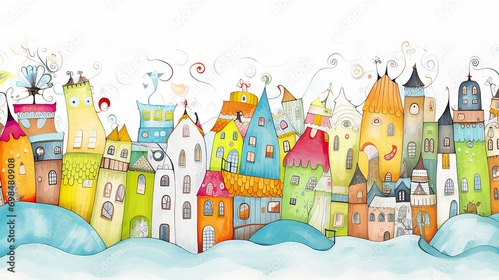 multicolored art illustration of a fabulous city of monsters, a cheerful street in a small multicolored town
