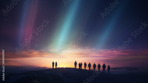 northern lights in the night sky  aurora borealis  a group of people watching the night landscape with a multicolored glow in the sky