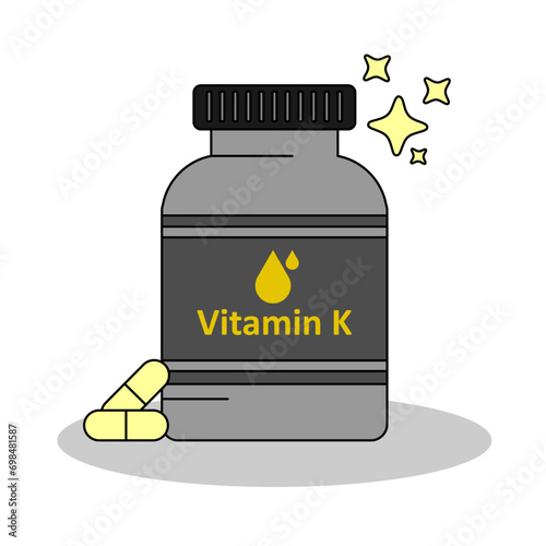 A bottle of vitamin K supplement , capsule and pills for nutrition, flat design vector and illustration