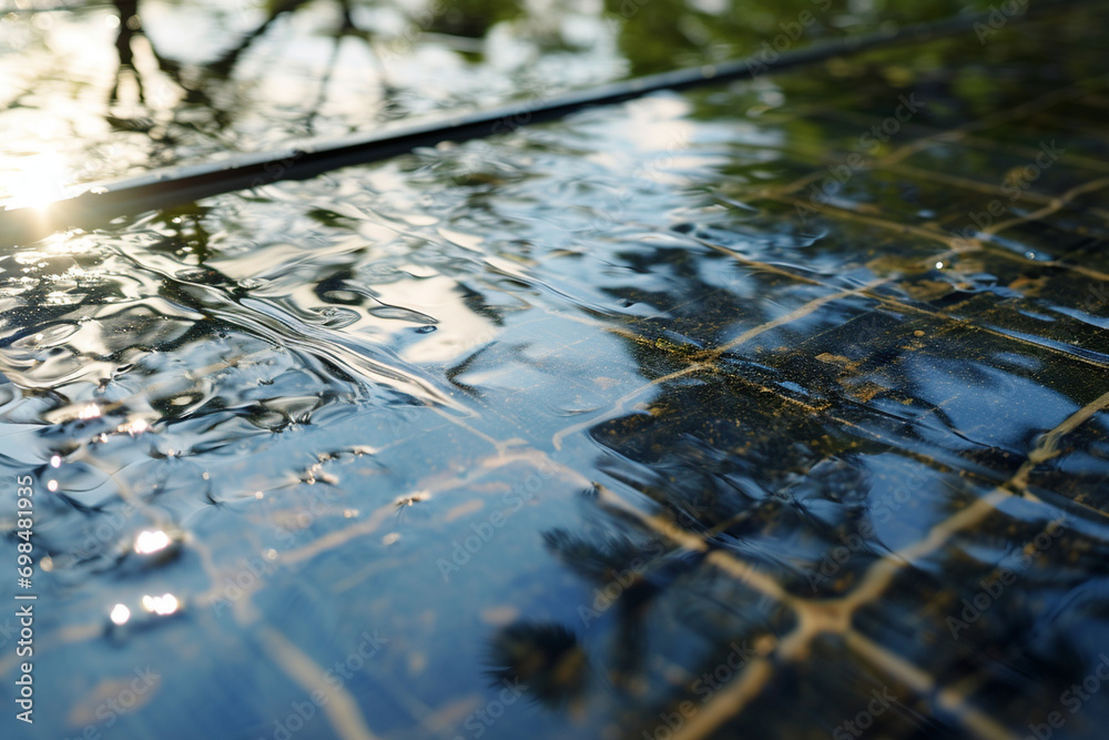 Fototapeta premium simple photo capturing the reflection of a solar panel in water, highlighting the elegance of solar energy in a minimalistic photo