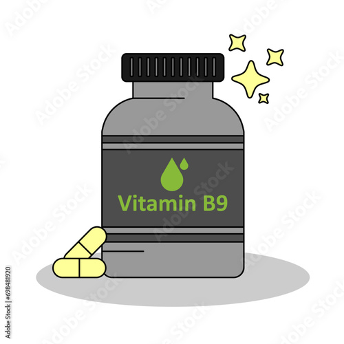 A bottle of vitamin B 9 supplement , capsule and pills for nutrition, flat design vector and illustration